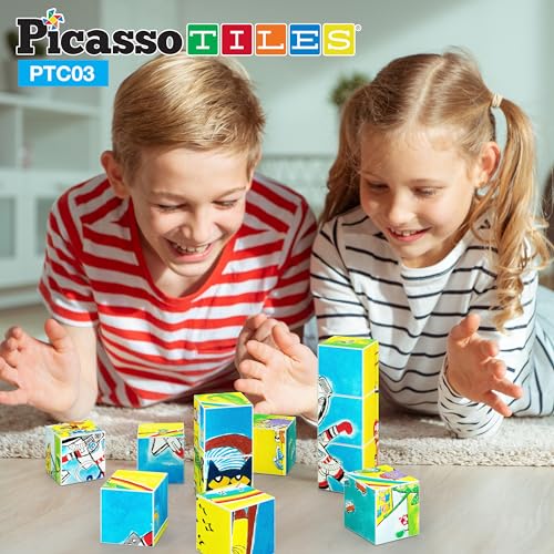 PicassoTiles Magnetic Tiles Pete the Cat Magnet Puzzle Cube Set 6 Cartoon Theme Mix and Match Brain Teaser STEM Educational Toy for Kids Toddlers Preschool Age 3 Plus Sensory Learning Play Kit PTC03 - style: Pete the Cat Mix and Match