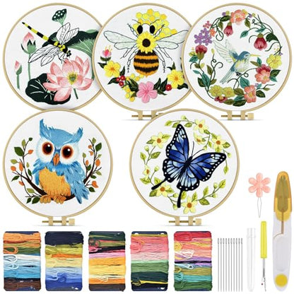 TINDTOP 5 Sets Embroidery Kit for Beginners Adult, Embroidery Kit for Beginners Include Embroidery Cloth Hoops Threads for Craft Lover Hand Stitch with Embroidery Skill Techniques - color: Animal Sets