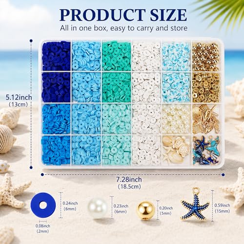 Ocean Theme Clay Beads Kit for Bracelet Making, 3000Pcs Blue White Polymer Heishi Beads Set with Starfish Shell Charms Pearls, DIY Jewelry Making Kit for Summer Beach Crafts - color: style 03