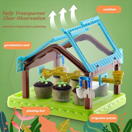 EXBEPE Kids Plant Growing Kit Greenhouse Growing Set with Drip Irrigation System and Grow Light Science Educational DIY Indoor Plant Gardening Toy for Kids