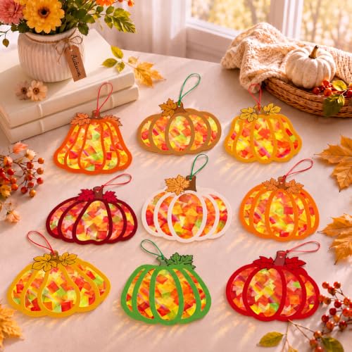 Renbuzhu 48PCS Fall Crafts Bulk: Pumpkin Paper Suncatchers DIY Kit for Autumn Thanksgiving Activities Decorations, Window Stained Glass Effect Art Supplies - style: pumpkin