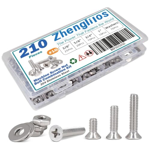 210PCS Machine Screw nut Bolt Combination kit, Phillips Flat Head Combination 304 Stainless Steel Bolt nut Flat Washer with Packaging， # 10 (3/8inch、5/8 inch、3/4 inch、 1 inch) - size: 4.8 mm, style: Flat head machine screw