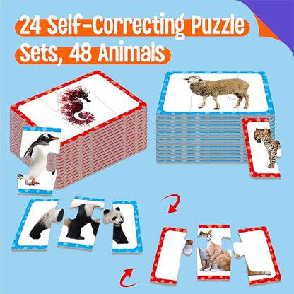 48 Animal Matching Puzzles with Error-Correction, 3-Piece Self-Correcting Puzzle Matching Game Educational Learning Activities for Toddlers, Animal-Themed Learning Games Toys for 3 Years Old - style: 24 Blocks Double Sided-C