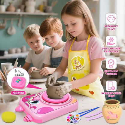 Pottery Wheel for Kids, Unicorn Pottery Craft Kit with 3 Pack Air-Dry Clay