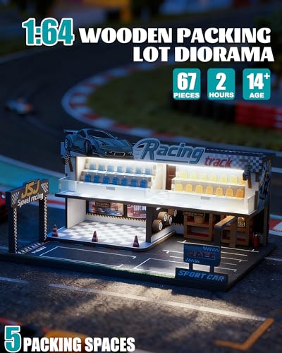 1/64 Diorama Racetrack with LED, Wooden Garage for Hot Wheels