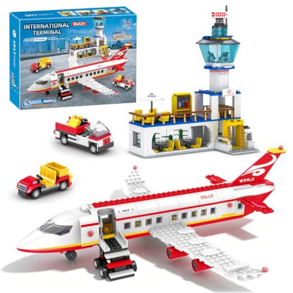 WINGIFT 880 Pcs City Airport Passenger Terminal Building Set, 6 in 1 Airplane Building Blocks Toy, STEM Aircraft Bricks with Shuttle Bus,Luggage Cart,Planes Model Toys Gifts for Boys Girls Ages 6-12+ - color: Red