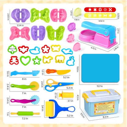 Dough Play Tools Sets for Kids, 35Pcs Clay and Dough Tools Accessories Set with Silicone Mat & Storage Box, 3D Dino Molds, Animal Cutters, Dough Extruder, Rolling Pins for Boys Girls
