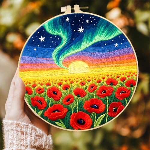 ACRNIGHEET 5 Pack Embroidery Kit for Beginners Adults, Stamped Cross Stitch Kits, Hand Embroidery Starter Kit Including 5 Stamped Embroidery Cloth, Colorful Threads, Hoop, Instruction, Gift Idea - style: Landscape Painting Patterns -5pcs