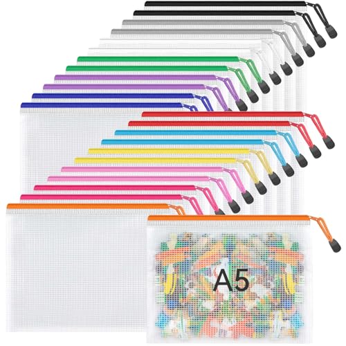 Umriox 24 Pack A5 Mesh Zipper Pouches, 12 Colors Storage Organizer Bags - style: A5-24P