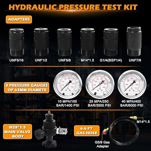Hydraulic Nitrogen Accumulator Charging Kit, Nitrogen Fill Kit Hydraulic Pressure Test Kit with 3 Gauges 1500/4500/6000 psi, 7 Adapters, Gas Hose & Main Valve Body Gas Charging Tool for Excavators - size: 3 Gauge Accumulator Charging Kit
