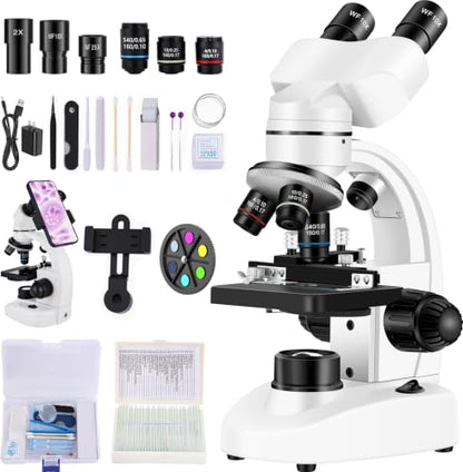 Binocular Microscope for Adults,with WF10x/25x Eyepieces,40X-2000X Magnification,Up/Down LED,with a Experiment Kit & Phone Adapter.Suitable for Labs,Schools,and Home Education