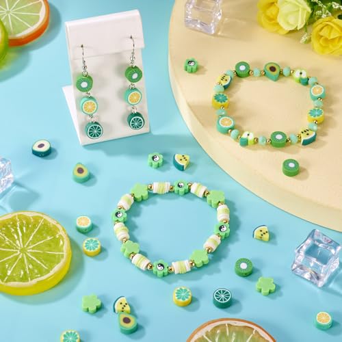 Elecrelive 11 Strands Green Fruit Clay Beads Mixed Avocado Lemon Apple Kiwi Slice Charms Flower Polymer Clay Spacer Beads for Necklace Bracelets Earrings Key Chains Making - color: Lime Green