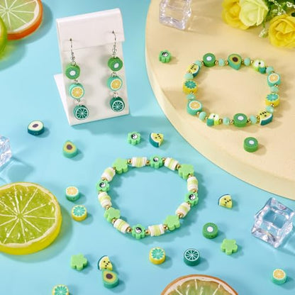 Elecrelive 11 Strands Green Fruit Clay Beads Mixed Avocado Lemon Apple Kiwi Slice Charms Flower Polymer Clay Spacer Beads for Necklace Bracelets Earrings Key Chains Making - color: Lime Green