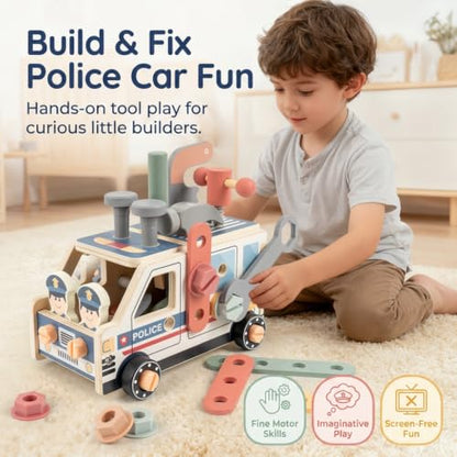 Kids Tool Set, 44 PCS Wooden Toddler Tool Box Workbench Kit with Hammer, Police Car Montessori STEM Educational Construction Building Pretend Play Toy, Birthday Gift for Ages 3-6 Year Old Boys Girls