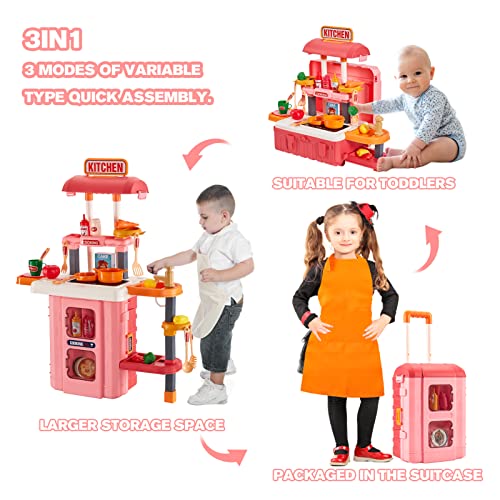 3-in-1 Kids & Toddler Play Kitchen - Interactive Kitchen Playset with Real Cooking Sounds & Lights, 50 Accessories & Flowing Water Feature, Portable Travel Suitcase Design Learning Toys for Ages 2-6 - color: Kitchen Playset