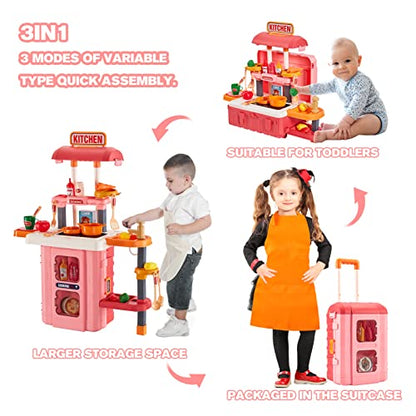 3-in-1 Kids & Toddler Play Kitchen - Interactive Kitchen Playset with Real Cooking Sounds & Lights, 50 Accessories & Flowing Water Feature, Portable Travel Suitcase Design Learning Toys for Ages 2-6 - color: Kitchen Playset