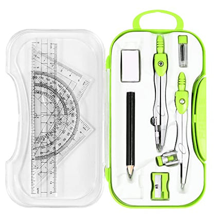 Unjoo Geometry Set 10 Pcs Student Supplies, Protractor and Compass (Green） - color: Green