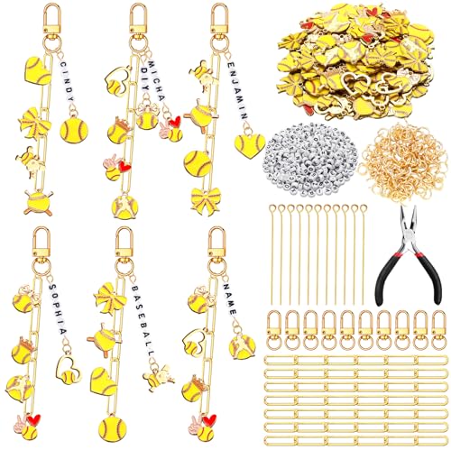CraftyDream 558 Pcs Softball Charms for Keychains Making Kit Softball Charms DIY Key Chain Kit Accessories Adjustable Letter Bead Alphabet Jewelry Backpack Accessories Party Favor for Coworkers Player - style: Softball