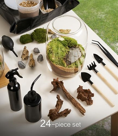 LuckyRunes Premium Terrarium Kit with Live Moss, 24-Piece Glass Set - size: Round Set