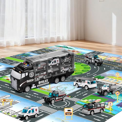 NIPLOOOW Kids Boys Toys for 3 4 5 6 Years Old, Police Truck Vehicle Toy Set with Play Mat and Die-Cast Toy Car, Transport Carrier Truck for Kids, Birthday Gifts Toys for 3 4 5 6 7 8+ Year Old Boys - style: Police truck