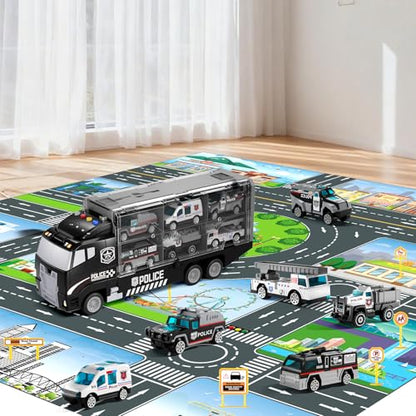 NIPLOOOW Kids Boys Toys for 3 4 5 6 Years Old, Police Truck Vehicle Toy Set with Play Mat and Die-Cast Toy Car, Transport Carrier Truck for Kids, Birthday Gifts Toys for 3 4 5 6 7 8+ Year Old Boys - style: Police truck