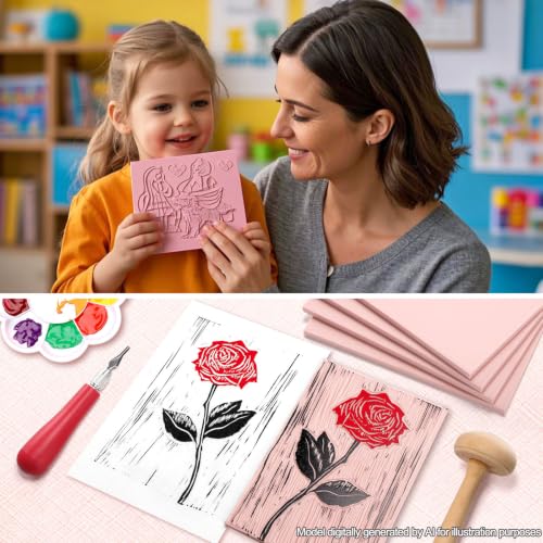 Bobblebro 4 PCS 4"x6" Soft Linoleum Blocks for Printmaking & Stamp Making - color: pink