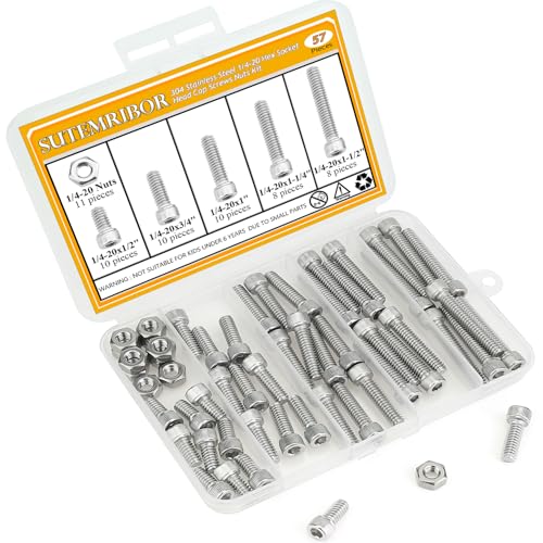57 Pieces 1/4-20 x 1/2", 3/4", 1", 1-1/4", 1-1/2", Hex Socket Head Cap Screws Nuts Assortment Kit - size: 1/4"-20, style: Socket Head
