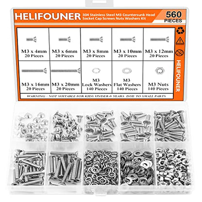 HELIFOUNER 560 Pieces M3 x 4mm /6mm /8mm /10mm /12mm /16mm /20mm, Countersunk Head Socket Cap Screws Bolts Washers Nuts Kit, 304 Stainless Steel - size: M3, style: Countersunk Head Socket Cap