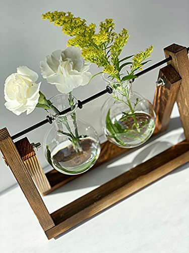 Kingbuy Glass Desktop Planter with Retro Wooden Stand, 2 Bulbs - size: 2 Bulb Vase