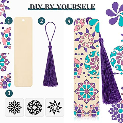 TaoBary 92 Pcs 6 x 2 Inch Floral Wood Bookmark Making Kit Includes 36 Unfinished Blank Bookmarks 36 Tassels 20 Templates, Back to School DIY Painting Craft for Home Class Holiday Teachers Gift - style: Floral