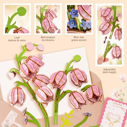 rowood 3D Puzzle Wooden Flower Craft Kit for Adults-Pink Lily of the Valley - style: Pink Lily of the Valley