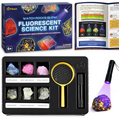 PIBEX Fluorescent Rock Science Kit, 6 Glowing Rocks, with UV Flashlight