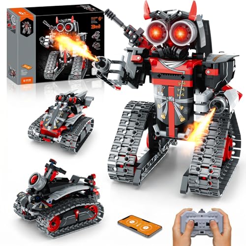 STEM Robot/Tank/Tracked Combat Vehicle 3-in-1 Transforming Mecha RC Car Building Kit for Boys 6-12, Remote & APP Controlled Coding Gear, 419 Pcs Learning Educational Blocks Toy Gift for Kids - color: Red