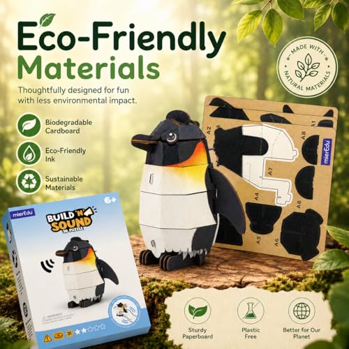 MierEdu Build 'N' Sound 3D Puzzle for Kids, Animal Puzzle with Sound Module, Educational STEM Craft Kit, FSC Paper Model Building Toy Gift for Ages 6+ - color: Emperor Penguin