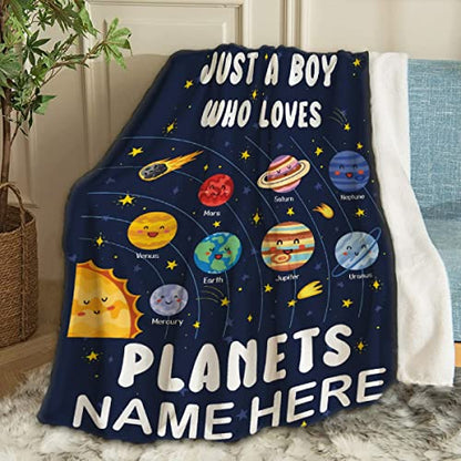 Just A Boy Who Loves Planets Solar System Space Throw Blanket Fannel Fleece Super Soft Funny Blanket Travel Throw Blanket for Bed Couch Sofa Custom Name - color: Just a Boy Who Loves Planets Solar System Space, size: Custom Name