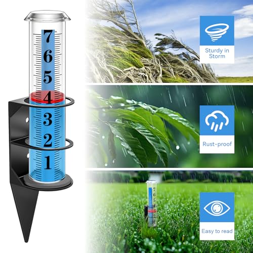 Rain Gauge Outdoor,7" Rain Gauges Outdoors Best Rated with Metal Rack Holder, Rain Measure Gauge, Easy to Read with Red Float, Large Font Plastic Replacement Tube for Yard Garden - color: Metal rain gauge