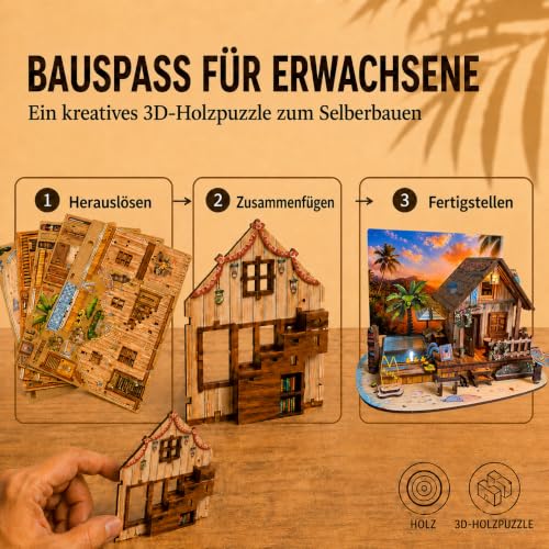 LED 3D Wooden Puzzle for Adults, DIY Miniature Hawaiian Beach House,Decor