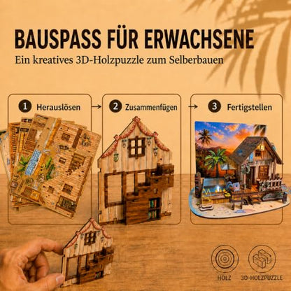 LED 3D Wooden Puzzle for Adults, DIY Miniature Hawaiian Beach House,Decor