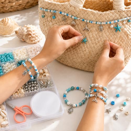 1900 PCS Ocean Beads for Jewelry Making, Shell Beads and Turquoise Style Beads with Pearl Beads, Starfish Shape Beads for Bracelets Necklace DIY Crafts - color: Blue White
