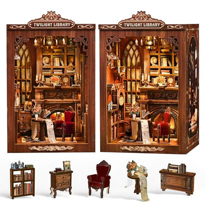 Twilight Library Book Nook Kit - DIY Miniature Dollhouse with LED Warm Light, 3D Wooden Puzzle Bookends, Immersive Miniature, Stress Relief Craft Gift for Adults Teens, Aesthetic Home Decor - style: Twilight Library