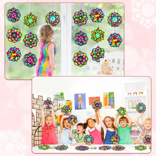 Qyeahkj 36 Set Mandala Suncatchers Crafts for Kids DIY Mandala Window Tissue Paper Craft Kit Art Flower Hanging Decor for Summer Home Activity Art Project Birthday Party Favor Gift - style: Mandala