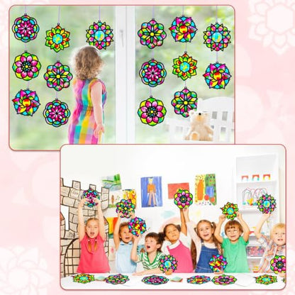 Qyeahkj 36 Set Mandala Suncatchers Crafts for Kids DIY Mandala Window Tissue Paper Craft Kit Art Flower Hanging Decor for Summer Home Activity Art Project Birthday Party Favor Gift - style: Mandala