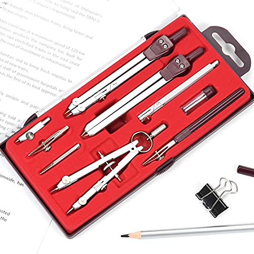 UNJOO 9Pc Geometry Set Metal Compass, Geometry Precision Tool (Red)