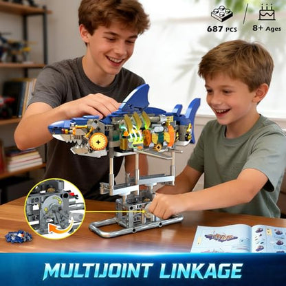INSOON Mechanical Shark Building Set STEM Toy with LED Light for Boys 8-12+