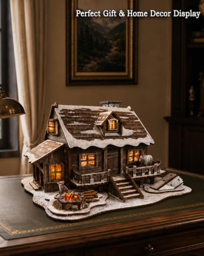 LED 3D Wooden Puzzle Winter Cabin DIY Miniature Building Kit with LED Lights - 3D Craft Rural Wooden Cabin Models Decor Gift for Adult