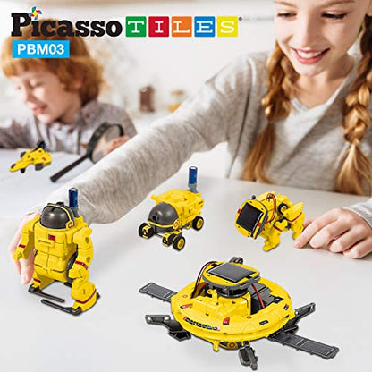 PicassoTiles STEM Kids Solar Powered Space Robot Educational Learning Engineering Building Toy 6-in-1 Creative Unique Transformation Renewable Sun Energy Science Experiment DIY Kit Boys Girls Age 8+ - color: Space Robot