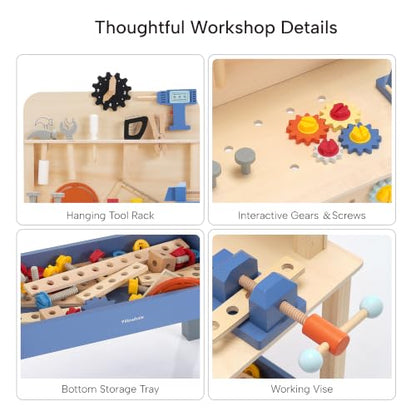 Pillowhale Large Wooden Play Tool Workbench Set with Assembly Toys, Workbench with Storage Space for Kids, Pretend Construction Tools Set Wooden Toy Drill Gift for Boys & Girls Age 3-5