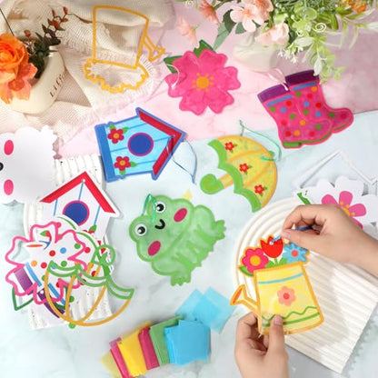 Feifeiya 24 Set Back to School Suncatcher Crafts, DIY Tissue Paper Kit Flower Umbrella Rain Boot Hanging Decor Window Art for Back to School Vbs Home Activity Party Favors(Rainy) - style: Spring Rainy