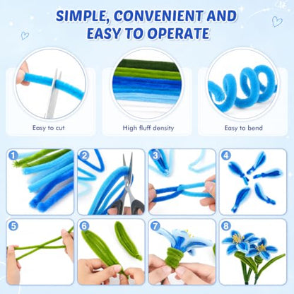 Anyeve Pipe Cleaners Flower Kit, 600 PCS Pipe Cleaners Craft for 6 Color, Easy to Bend and Fold, with a High Plush Density, Has Hot Melt Glue,Sturdy and Durable, for DIY Crafts and Bouquet Making - color: 600PCS-Blue
