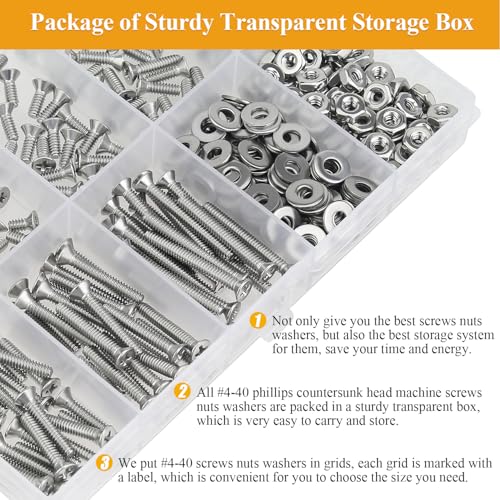 254 Pieces #4-40 x 3/16", 1/4", 5/16", 3/8", 1/2", 5/8", 3/4", 1", Phillips Countersunk Head Machine Screws Nuts Washers Assortment Kit - size: #4-40, style: Phillips Countersunk Head